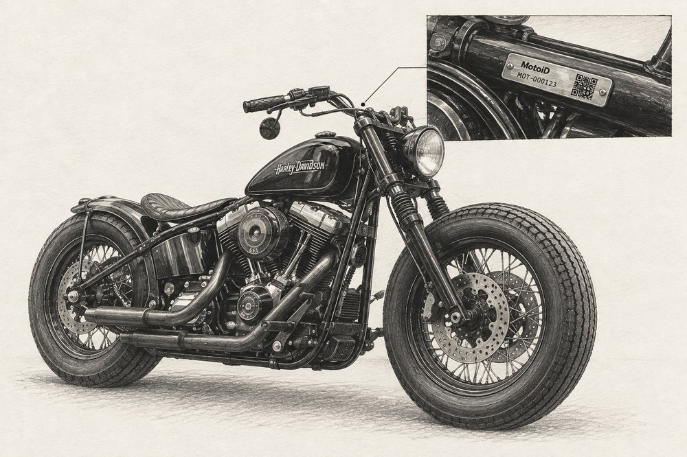 A hand-drawn illustration of a bobber motorcycle, with a detail inset of its engraved Moto ID plate and QR code fitted near the handlebars