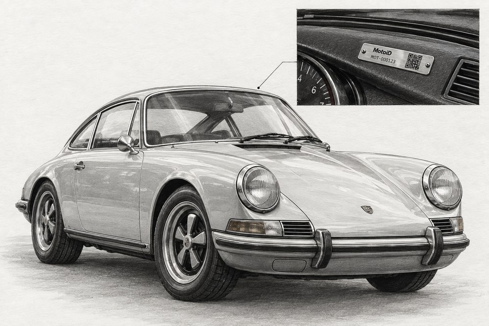 A hand-drawn illustration of a classic Porsche 911, with a detail inset of its engraved Moto ID plate and QR code fitted to the dashboard